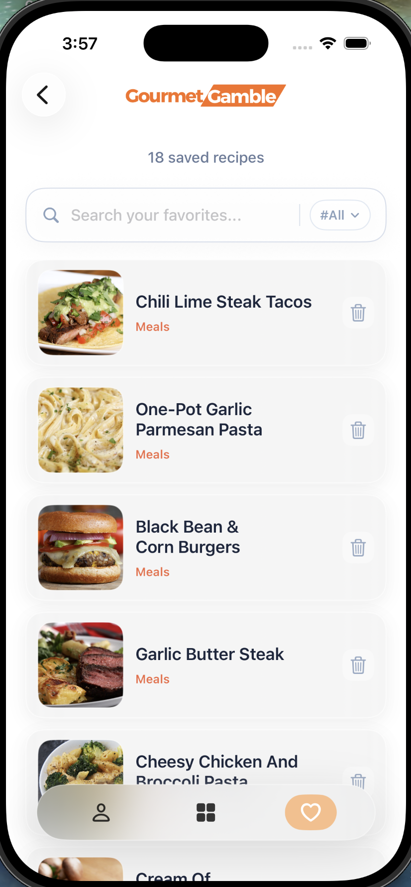 Gourmet Gamble favorites screen