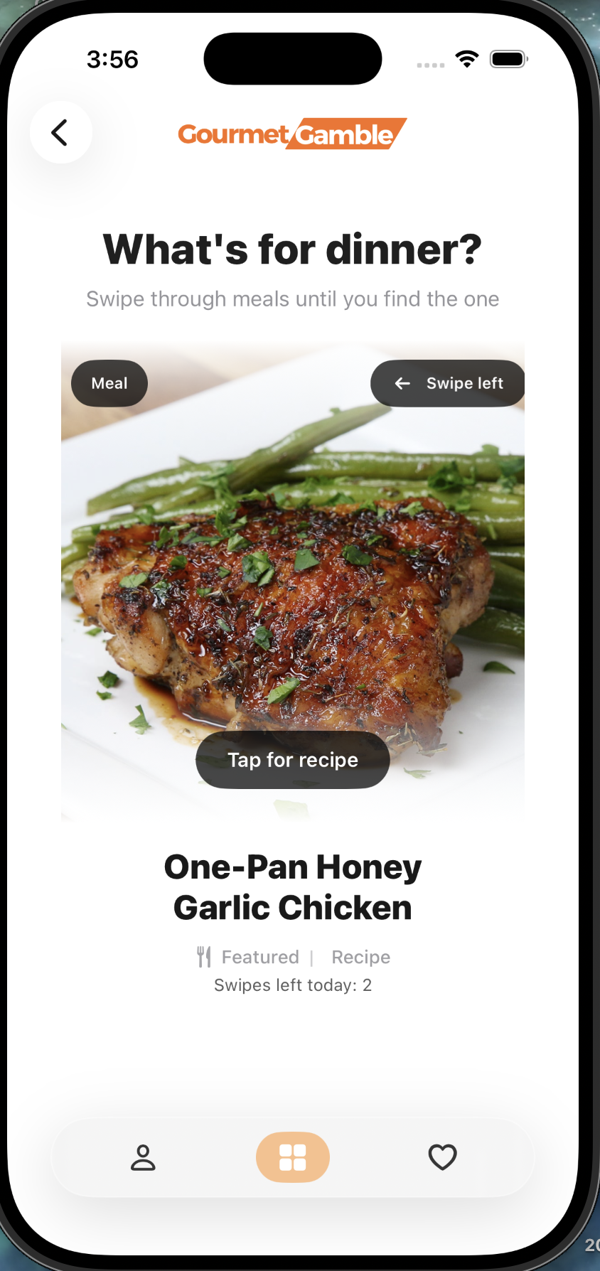 Gourmet Gamble app — meal randomization screen